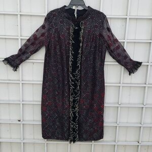VNTG 60's Metallic Black/Maroon Polka-Dotted Frilly Ribbon Duster Dress